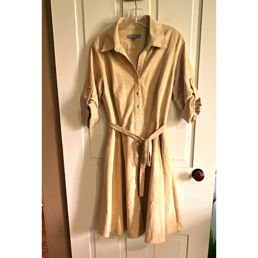 Sharagano Beige Shirt Dress Sz 10 Collared Button Front Belted Roll Up Sleeve
